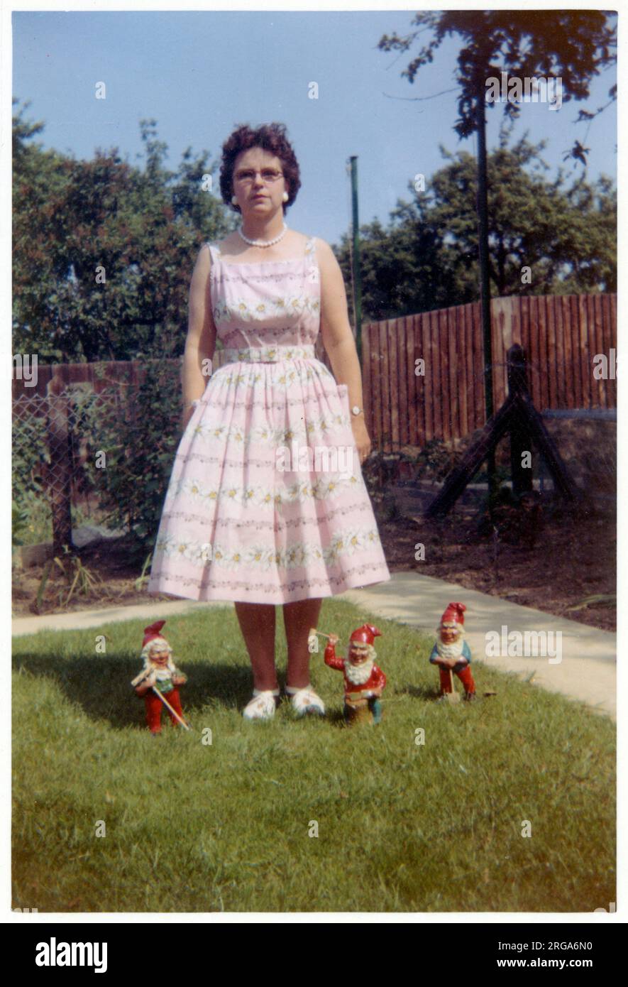 A smartly-dressed middle aged suburban housewife standing proudly (if rather stifly) on her garden lawn, surrounded by three garden gnomes! Stock Photo