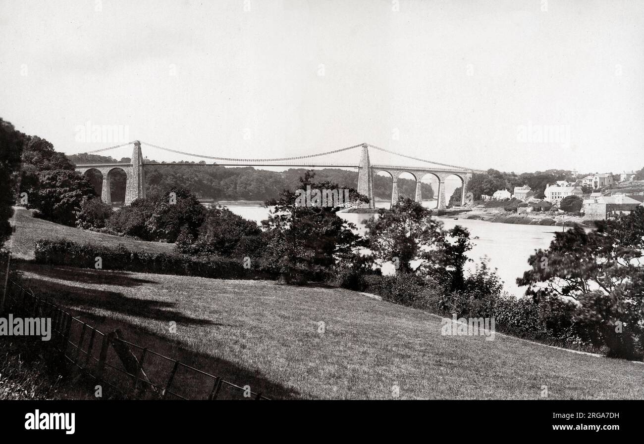 Vintage 19th century photograph: Menai Bridge from George Hotel, Anglesea, Wales Stock Photo