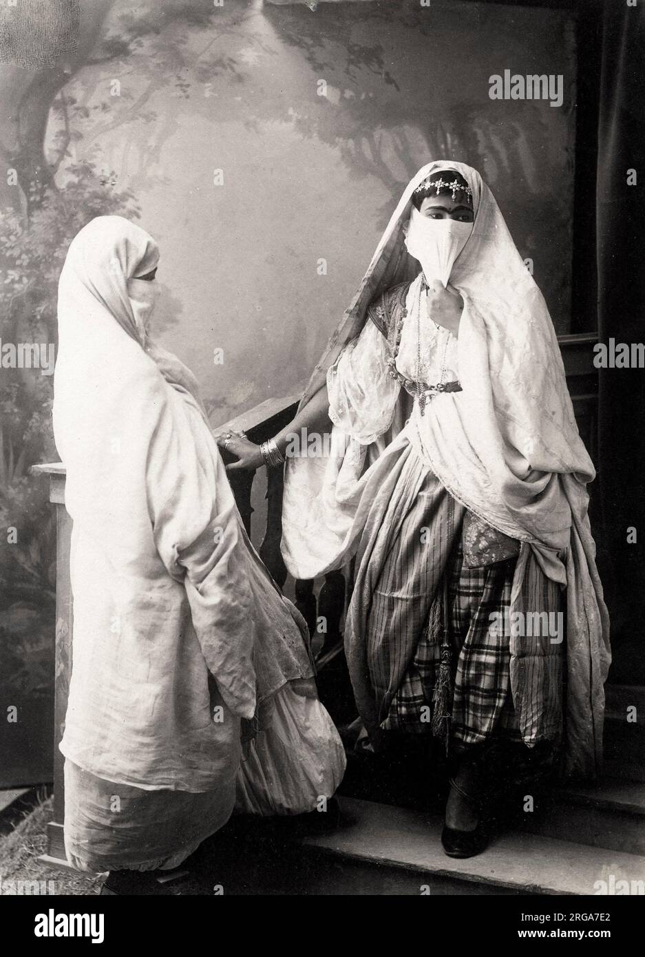 Vintage 19th century photograph: Portrait of young veiled North African ...