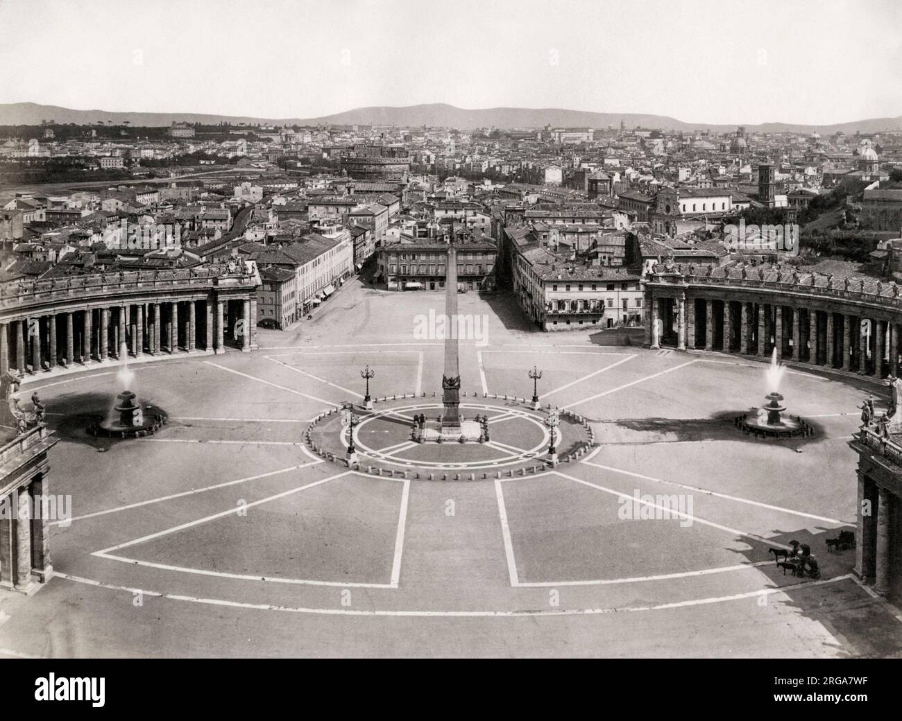 Statue and fountains in the middle of St Peter's Square, the Vatican, Rome, Italy. Vintage 19th century photograph. Stock Photo