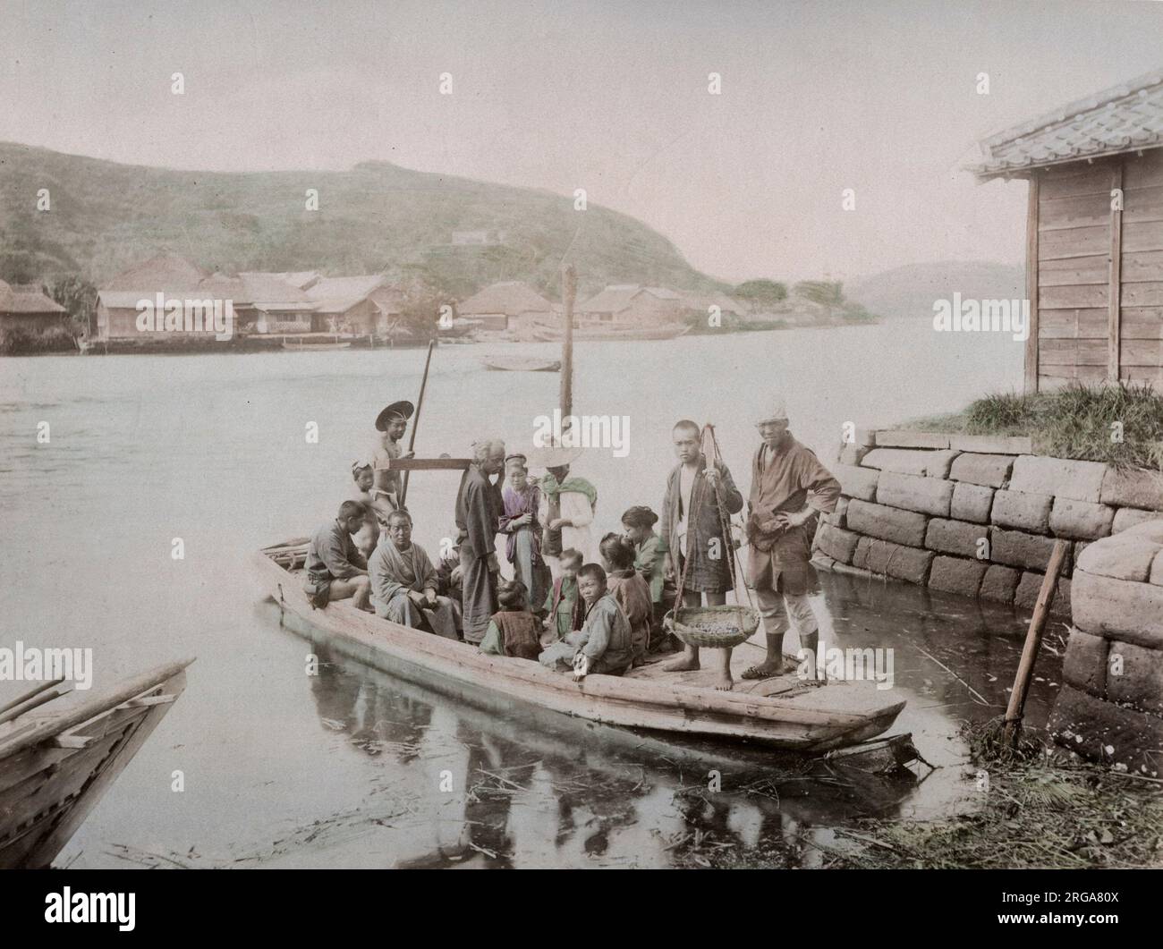 Passengers on a ferry boat, Japan. Vintage 19th century photograph. Stock Photo