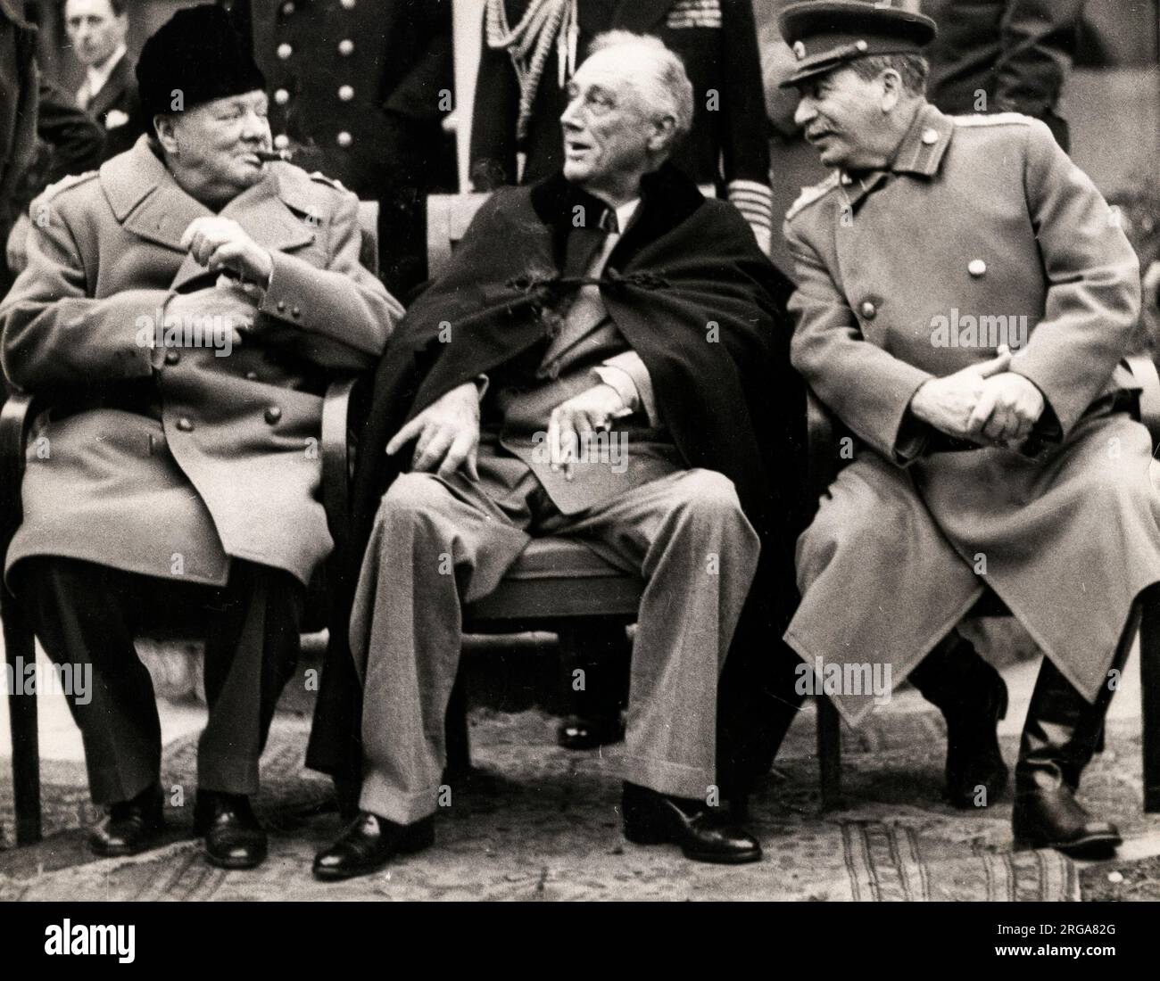 Big Three Conference Yalta, Crimea, 1945 World War II - British Prime Minister Winston Churchill, USA President Roosevelt and Russian leader Joseph Stalin Stock Photo