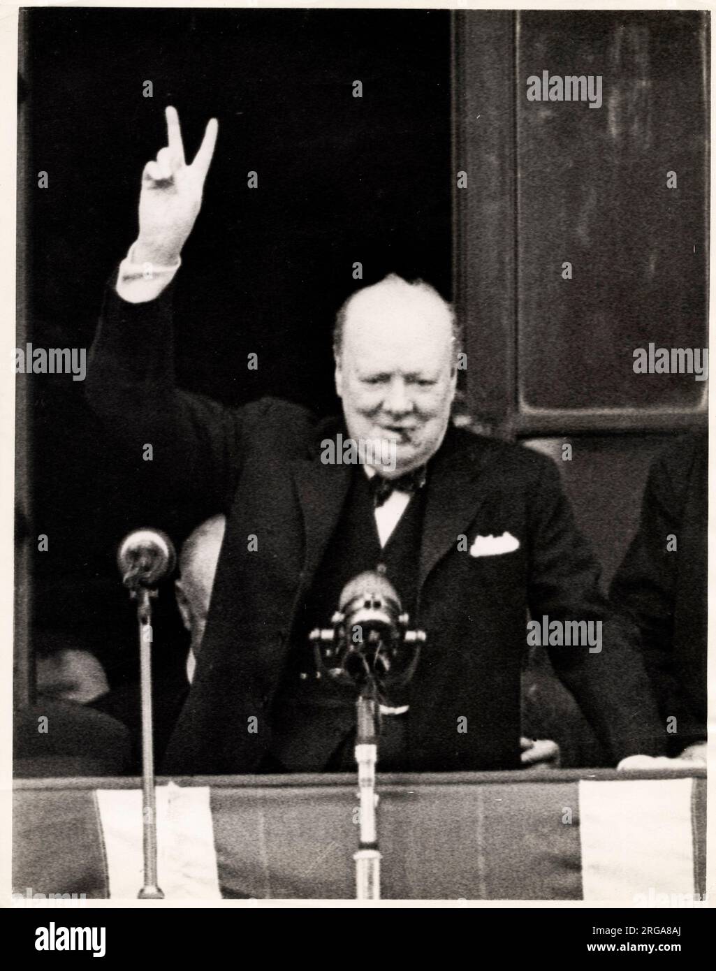 British Prime Minister Winston Churchill making his V for victory salute Stock Photo