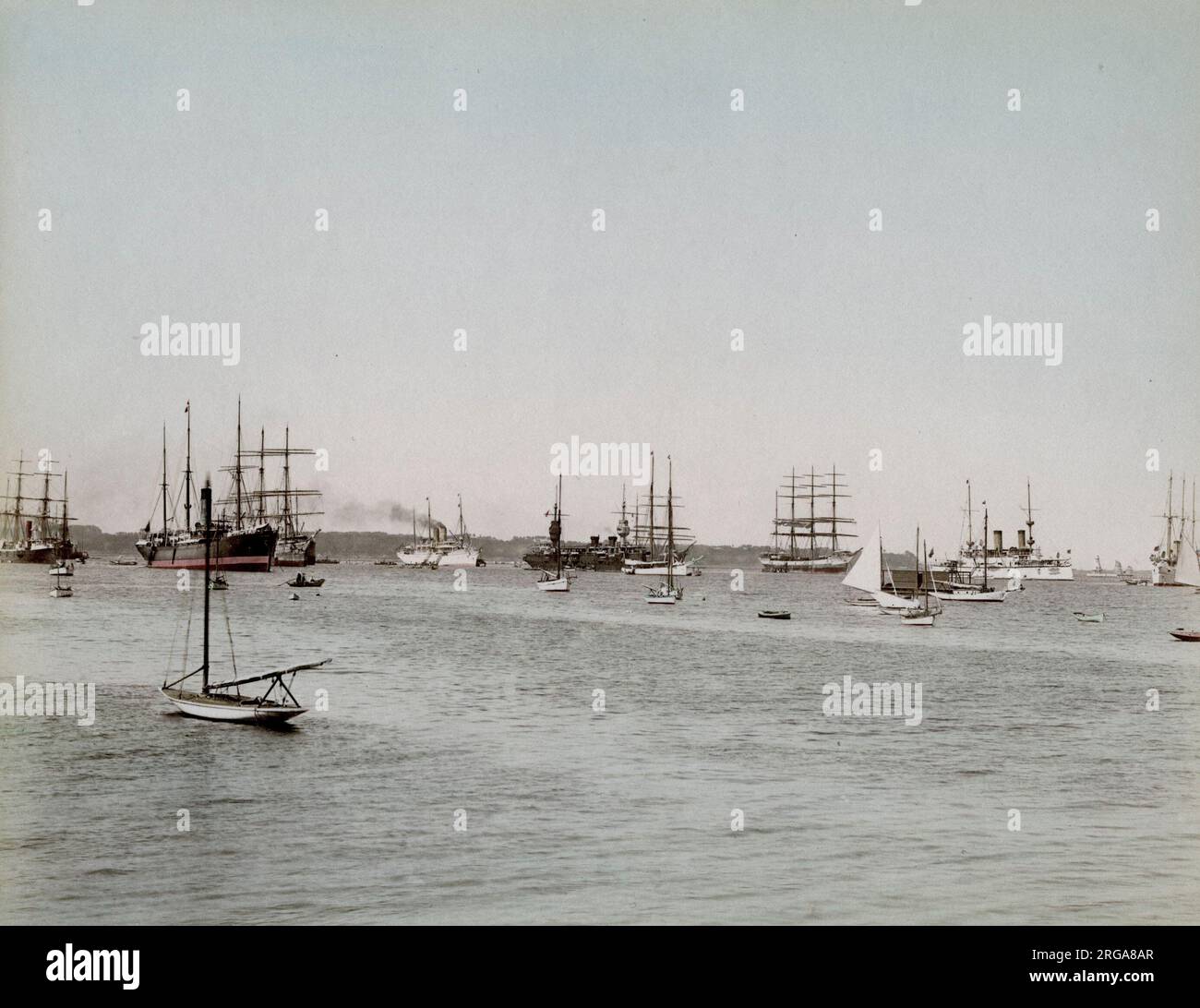 Steam and sailing ships in the harbour, yokohama, Japan. Vintage 19th ...
