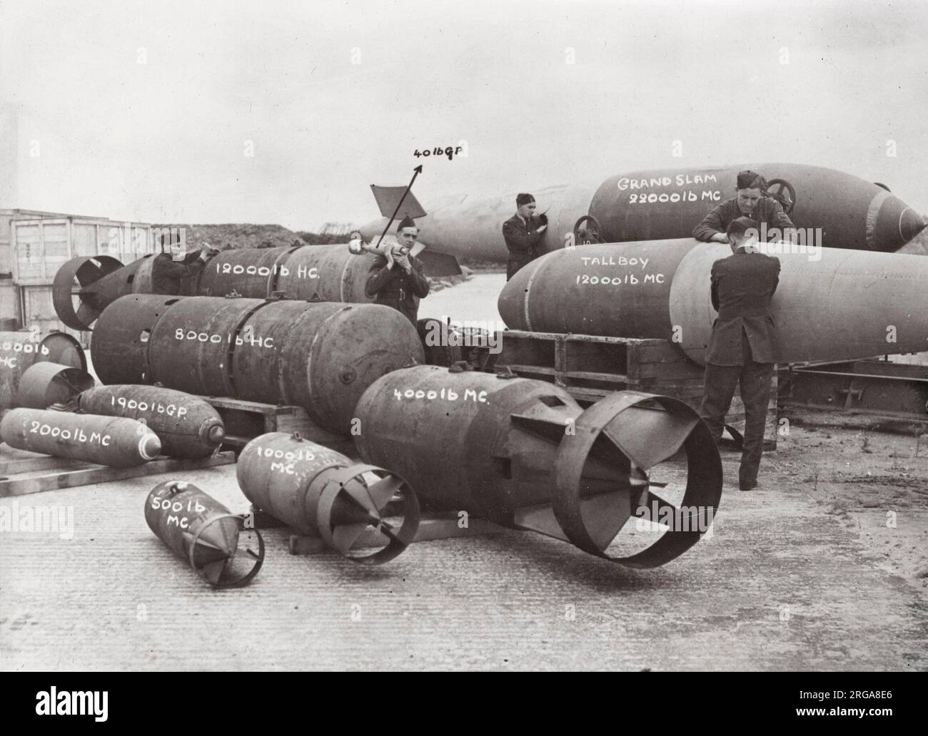 Vintage World War II photograph - range of bombs ordnance dropped by bombers of the RAF Stock Photo