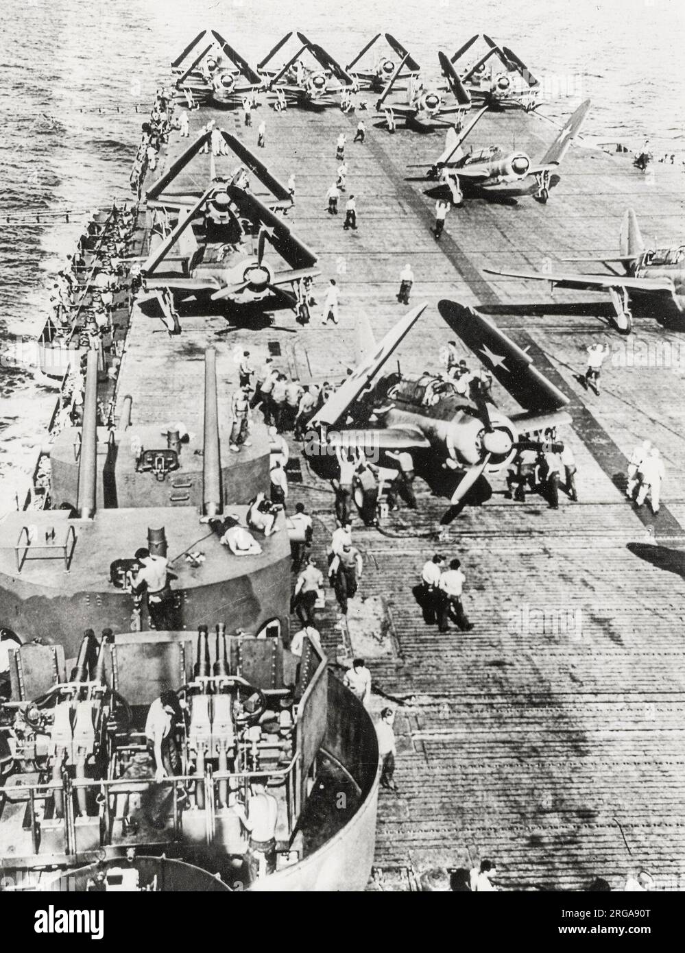 World War II vintage photograph - Curtiss Helldivers on a US Navvy aircraft carrier in the Pacific 1944 Stock Photo