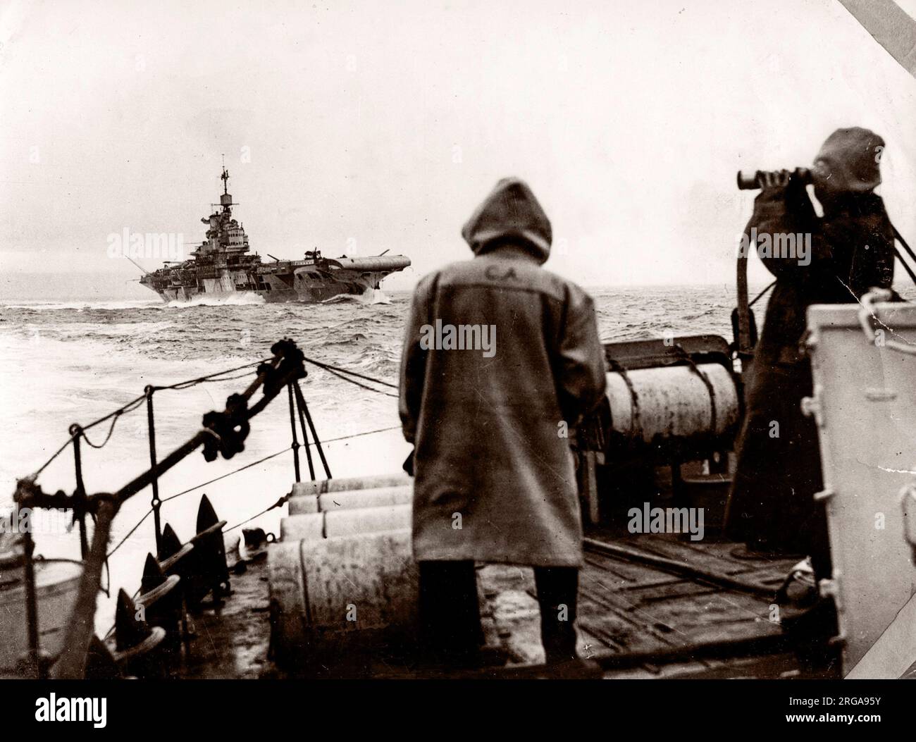 World War II WW2 - destroyer and aircraft carrier at sea - British navy Stock Photo