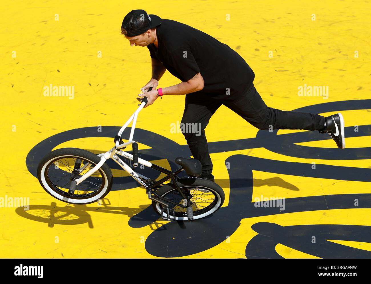 Germany's Daniel Hennig in the BMX Freestyle Flatland Men Elite qualification event during day six of the 2023 UCI Cycling World Championships at Glasgow Green, Glasgow. Picture date: Tuesday August 8, 2023. Stock Photo