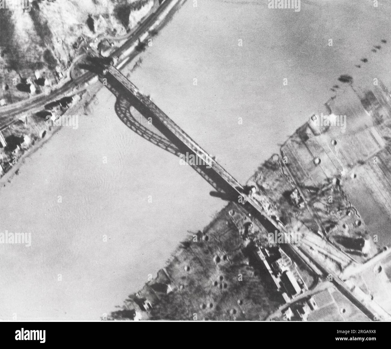 Vintage photograph World War II - Rhine bridge at Remagen, near Bonn which the retreating German army failed to destroy. Stock Photo