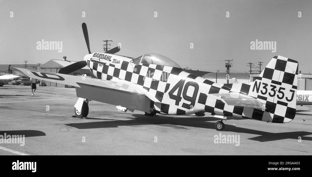 North American P-51D-30 NA Mustang N335J (msn 122-41044) 'MISS BARDAHL', race number '49'  built as P-51D-30-NA 44-74506 for the United States Army Air Force (USAAF)6 December 1950: Delivered to the Royal Canadian Air Force (RCAF) as 9231.1 December 1960: Struck off charge30 December 1958: James Defuria-Fred Ritts-Intercontinental Airways, Conastota, NY, registered as CF-MWM.1960: Aero Enterprises, Elkhart, IN, (N6325T reserved but not taken up), registered as N6317T.24 March 1963-1973 : Ed Weiner, Los Angeles, CA, registered as N335J, with race number 49 - MISS BARDAHL - Hi Time II.8 May 1973 Stock Photo