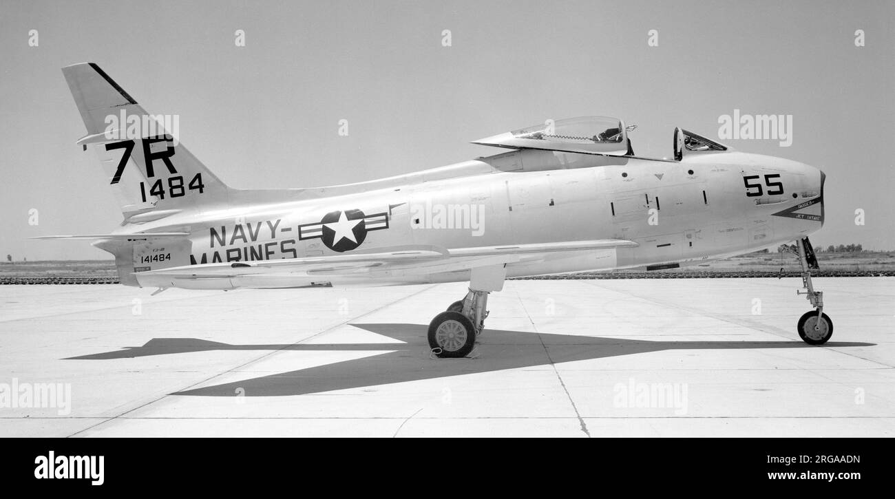 United States Navy - United States Marine Corps - North American FJ-4B Fury 141484 (base code '7R', call-sign '55') of a combined Navy - Marines reserve flying training school. The FJ-4B was re-designated AF-1E in 1962. Stock Photo