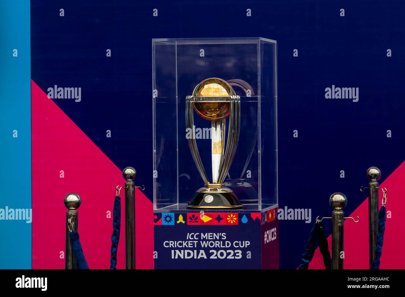 Dhaka, Bangladesh. 08th Aug, 2023. ICC Men's Cricket World Cup trophy seen on display at the Sher-e-Bangla National Stadium in Mirpur, Dhaka. ICC Men's Cricket World Cup trophy tour in Bangladesh runs from 07 till 09 August 2023. (Photo by Sazzad Hossain/SOPA Images/Sipa USA) Credit: Sipa USA/Alamy Live News Stock Photo