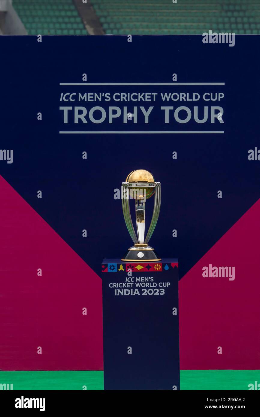 Dhaka, Bangladesh. 08th Aug, 2023. ICC Men's Cricket World Cup trophy seen on display at the Sher-e-Bangla National Stadium in Mirpur, Dhaka. ICC Men's Cricket World Cup trophy tour in Bangladesh runs from 07 till 09 August 2023. (Photo by Sazzad Hossain/SOPA Images/Sipa USA) Credit: Sipa USA/Alamy Live News Stock Photo