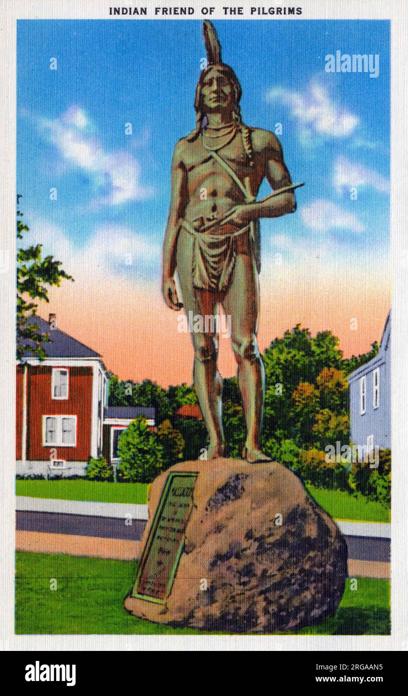 Massasoit - a statue by the American sculptor Cyrus Dallin on Coles Hill in Plymouth, Massachusetts. It was completed in 1921 to mark the three hundredth anniversary of the Pilgrims' landing. The sculpture is meant to represent the Pokanoket leader Massasoit welcoming the Pilgrims on the occasion of the first Thanksgiving. Plymouth is  the oldest English settlement in America and the cradle of the Republic. On December 11, 1620 the Pilgrim Fathers established a government at Plymouth based on prnciples which were the gensis of American institutions. Stock Photo