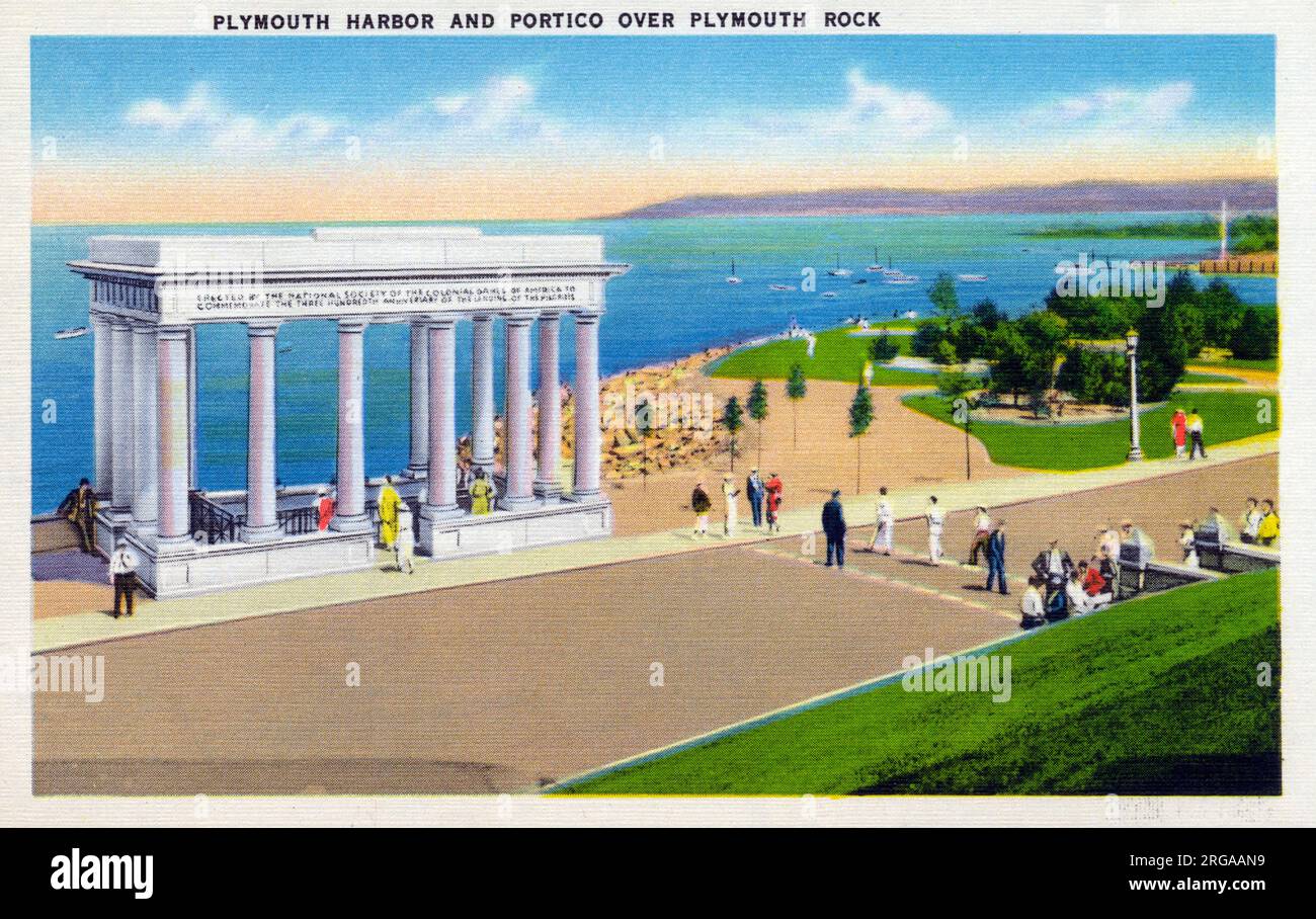 Plymouth Harbour and the Portico erected over the 'Plymouth Rock'. Plymouth, Massachusetts, USA - the oldest English settlement in America and the cradle of the Republic. On December 11, 1620 the Pilgrim Fathers established a government at Plymouth based on prnciples which were the gensis of American institutions. Stock Photo