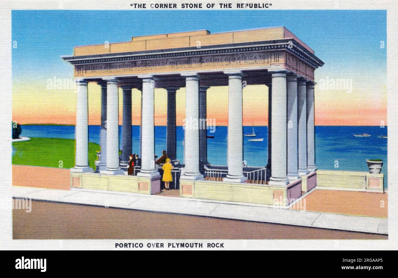 'The Cornerstone of the Republic' - the Portico over the Plymouth Rock- Plymouth, Massachusetts, USA - the oldest English settlement in America and the cradle of the Republic. On December 11, 1620 the Pilgrim Fathers established a government at Plymouth based on prnciples which were the gensis of American institutions. Stock Photo