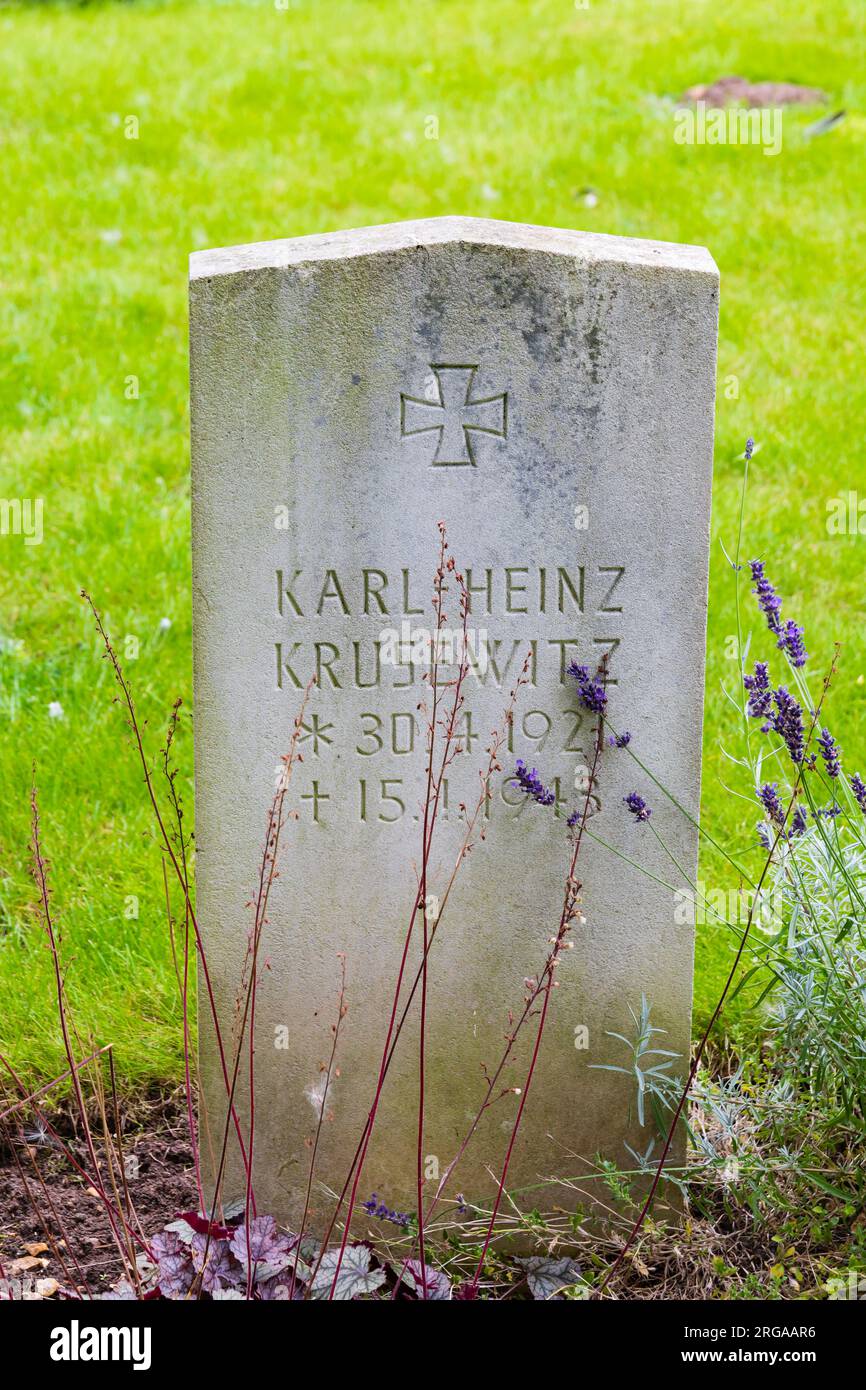 German Luftwaffe air force War Grave of Karl Heinz Krusewitz, from the crew of a Dornier Do217, shot down after bombing Lincoln. Scopwick church of th Stock Photo
