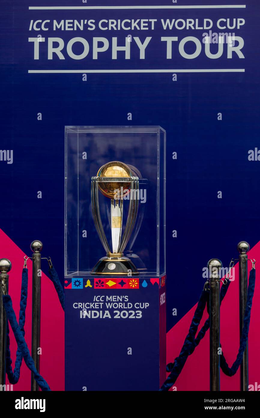 ICC Men's Cricket World Cup trophy seen on display at the Sher-e-Bangla National Stadium in Mirpur, Dhaka. ICC Men's Cricket World Cup trophy tour in Bangladesh runs from 07 till 09 August 2023. (Photo by Sazzad Hossain / SOPA Images/Sipa USA) Stock Photo