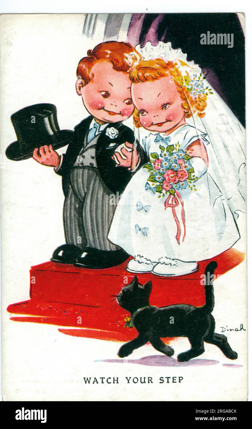 The postcard caption reads 'Watch your step'. The little girl is wearing white. Warime privations meant that fine materials for wedding dresses were hard to come by and second hand dresses had to be converted. One saught after material was parachute silk. Cute Kids WW2 Wartime humour Stock Photo