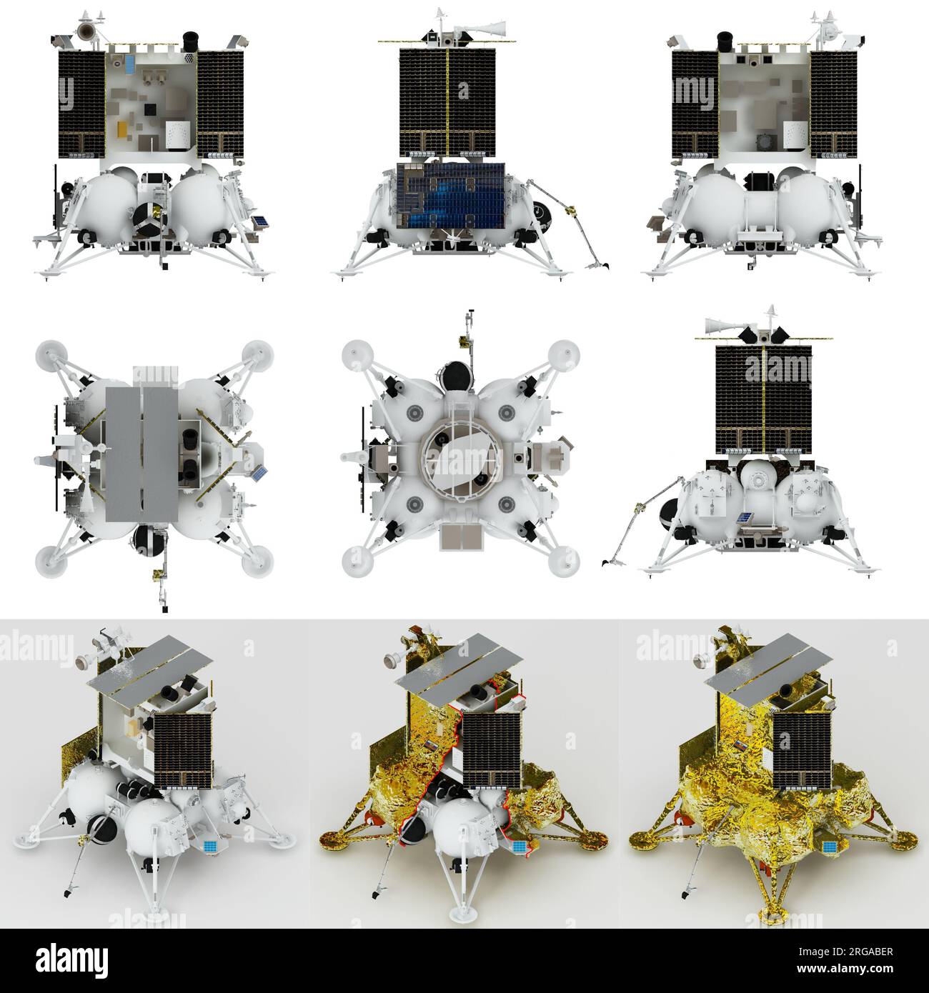 Luna 25 lander infographics isolated on white. Russian lunar exploration program 3D render. Stock Photo