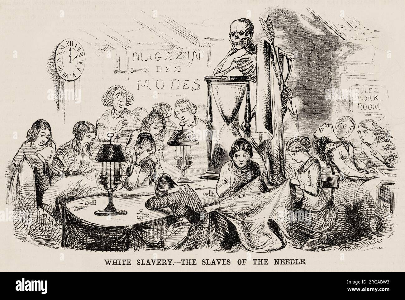 White Slavery - the slaves of the needle. Poor exhausted Victorian needlewomen work round the clock sewing clothes for the garment industry, while the figure of Death as a skeleton with an hourglass watches over them. Stock Photo