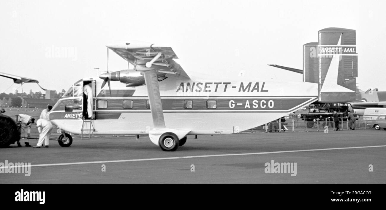 Short Skyvan 2 G-ASCO (msn SH1829), at the 1966 SBAC Farnborough air show, 5-11 September 1966, in the colours of Ansett-Mal. Retired as a ground instructional airframe at the Queens Harbour factory by May 1968. Stock Photo
