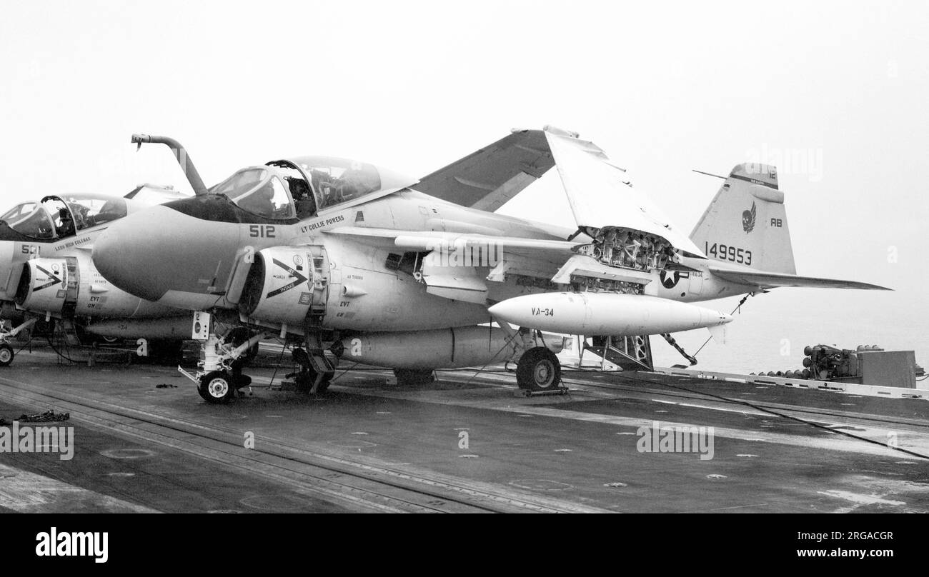 United States Navy - Grumman A-6E Intruder 149953 (base code AB, call-sign 512) of VA-34, tied down on USS America, moored in Portsmouth Harbour, September 1982. Stock Photo