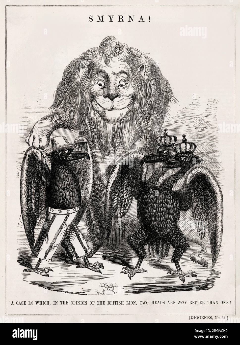 Smyrna! A case in which, in the opinion of the British lion, two heads are not better than one! Cartoon about the Koszta Affair in 1853, a diplomatic incident between the United States and the Austrian Empire. The American eagle is pitched against the double-headed eagle of the Austrian Empire. Martin Koszta, of Hungarian birth, had fled to Turkey, then emigrated to the United States. He returned to Turkey (Smyrna, now Izmir), in 1853 on business, but was arrested by Austrian officers. Stock Photo