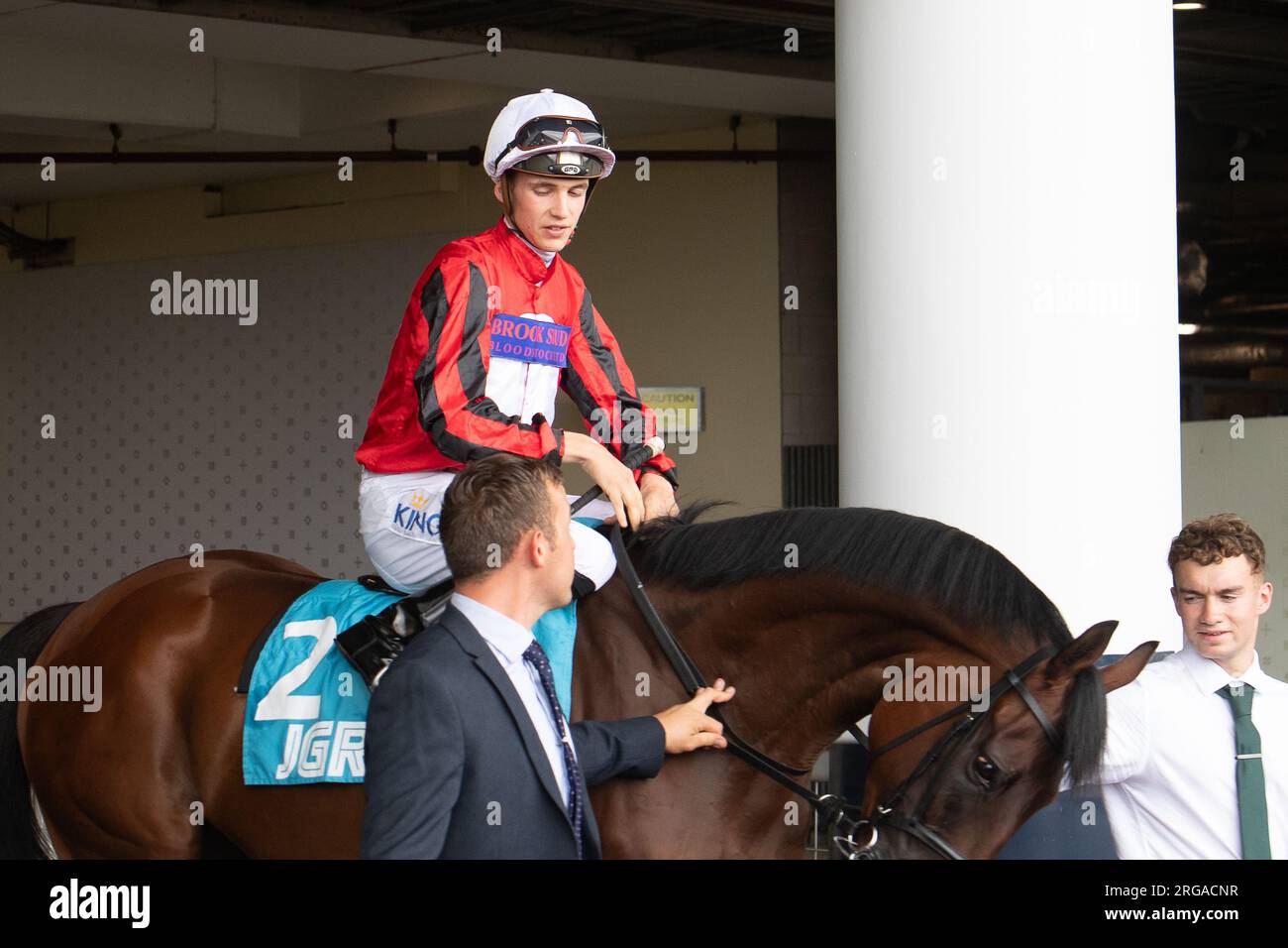 Ascot, Berkshire, UK. 28th July, 2023. Horse Appier ridden by jockey Harry Davies head out onto the racetrack for the John Guest Racing Brown Jack Handicap Stakes at Ascot Racecourse at the QIPCO King George Weekend. Credit: Maureen McLean/Alamy Stock Photo