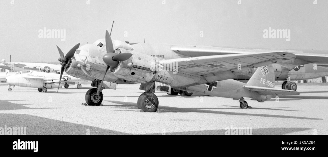 (ex Royal Romanian Air Force) - Junkers Ju 88 D-1/Trop FE-1598 (Werk Nr. 430650 / HK959 / 'Baksheesh'), in outdoor storage / display at the National Museum of the United States Air Force. This is a long-range, photographic reconnaissance aircraft that was in the service of the Royal Romanian Air Force. On 22 July 1943, it was flown to Cyprus by a Romanian pilot who wanted to defect to the British forces on the island. Four Hurricanes from No. 127 Squadron escorted it to the airfield at Tobruk. Given the name Baksheesh, it was allocated the RAF serial number HK959 and test-flown in Egypt. Howev Stock Photo