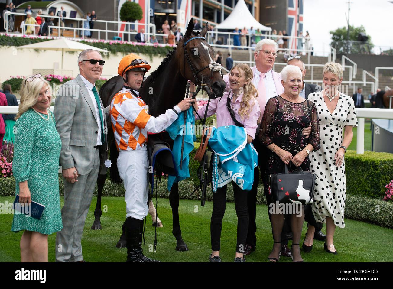 Ascot, Berkshire, UK. 28th July, 2023. Horse Blazeon Five winner of The John Guest Racing Brown Jack Handicap Stakes ridden by jockey Jack Mitchell at Ascot Racecourse at the QIPCO King George Weekend. Credit: Maureen McLean/Alamy Stock Photo