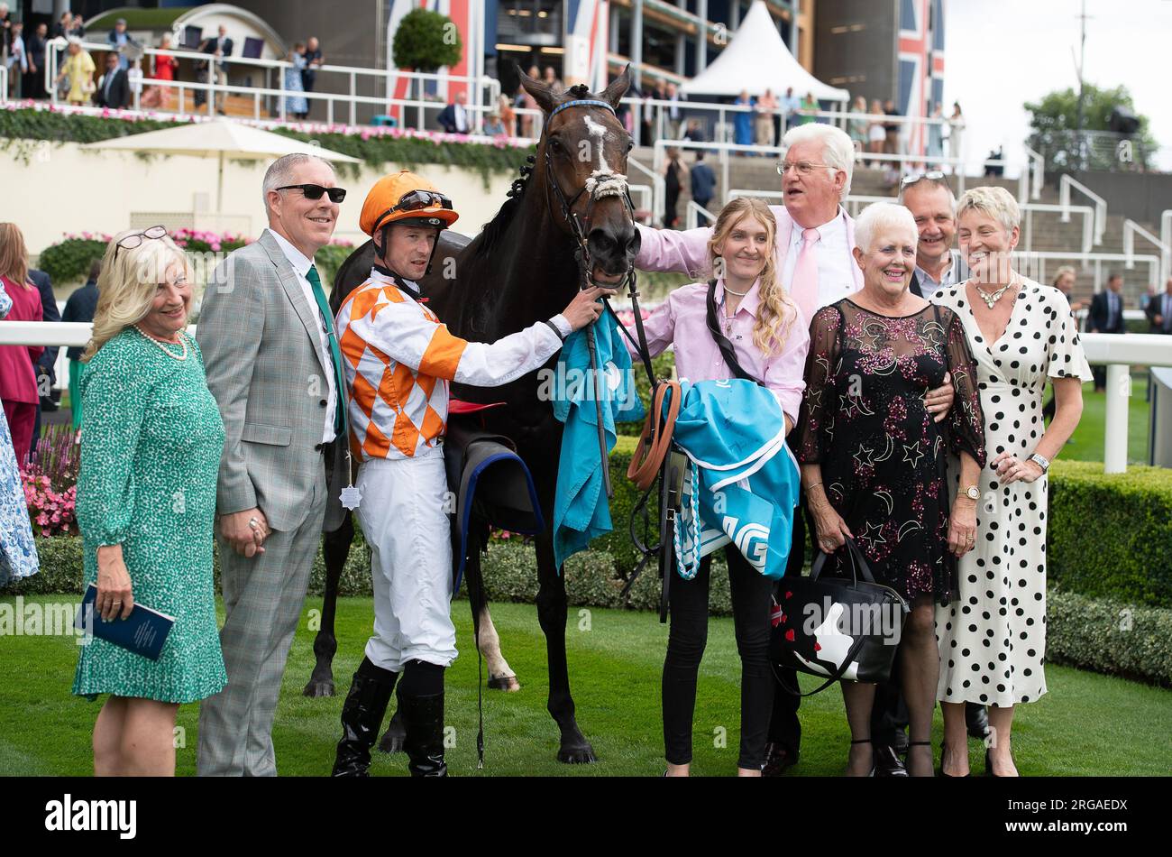 Ascot, Berkshire, UK. 28th July, 2023. Horse Blazeon Five winner of The John Guest Racing Brown Jack Handicap Stakes ridden by jockey Jack Mitchell at Ascot Racecourse at the QIPCO King George Weekend. Credit: Maureen McLean/Alamy Stock Photo