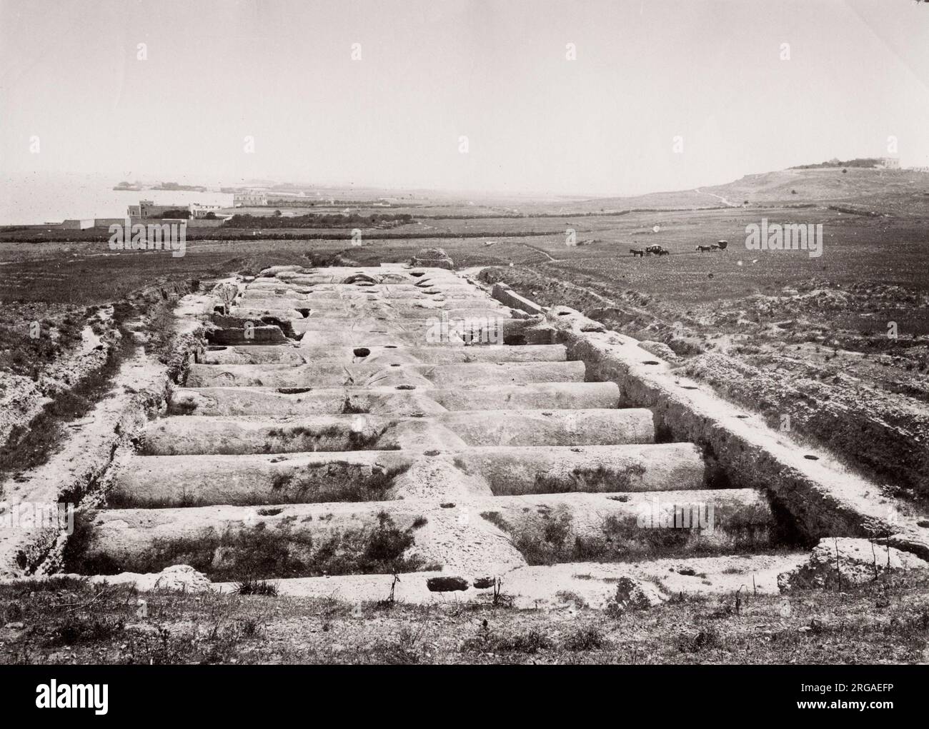 Vintage 19th century photograph: The Cisterns of La Malga or Cisterns of La Maalga are a group of cisterns, which are among the most visible features of the archaeological site of Carthage near Tunis, Tunisia. They are some of the best preserved Roman cisterns. Stock Photo