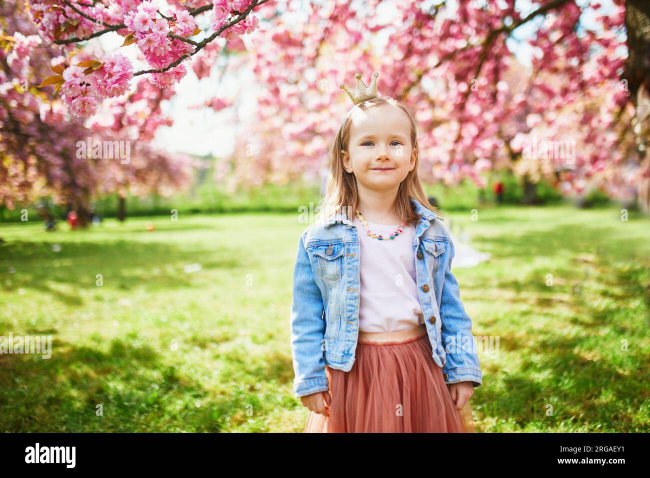 Adorable preschooler girl in tutu skirt enjoying nice spring day in ...