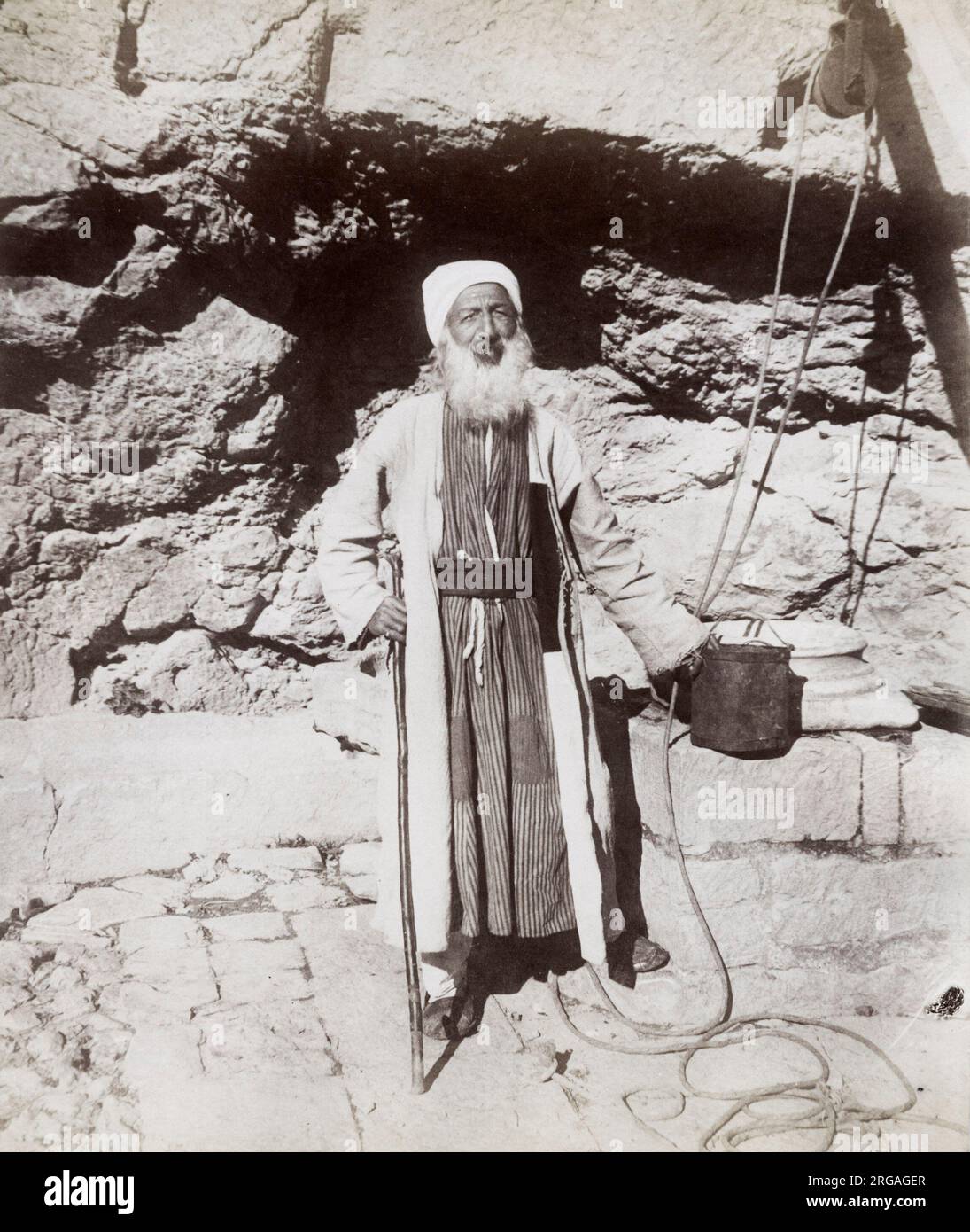 Vintage 19th century photograph - the guardian of the grotto of the prophet, Jeremiah, Jerusalem, Palestine, Holy Land, Israel. Stock Photo