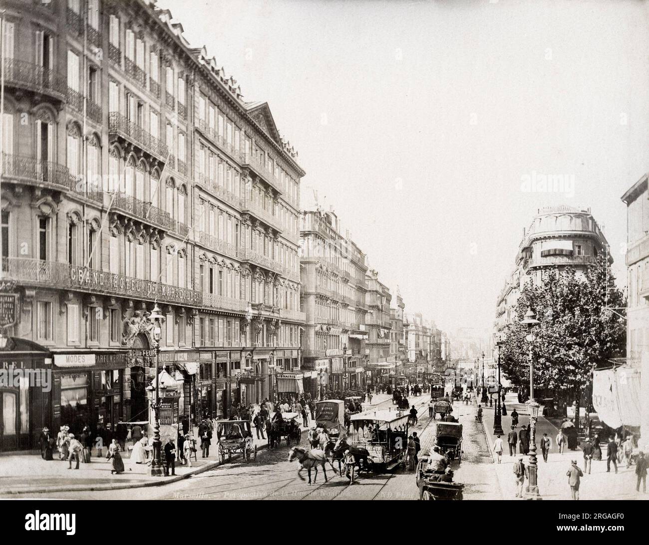 Vintage 19th century photograph - rue de Noailles, Marseilles, Marseille, France, busy with horse drawn traffic. Stock Photo