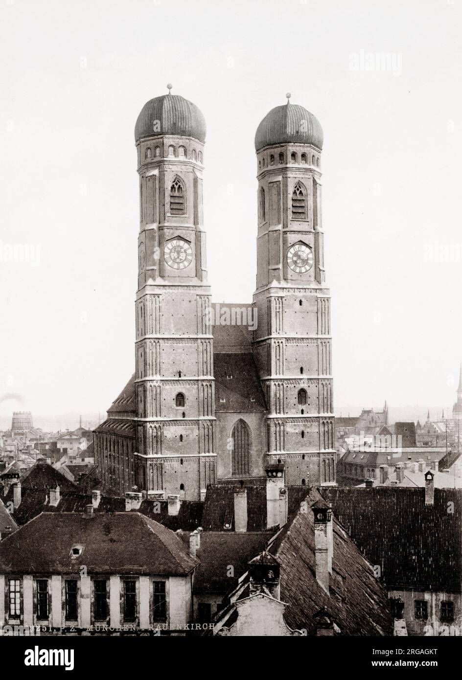 19th century vintage photograph: The Frauenkirche is a church in Munich, Bavaria, Germany, that serves as the cathedral of the Archdiocese of Munich and Freising and seat of its Archbishop. Stock Photo