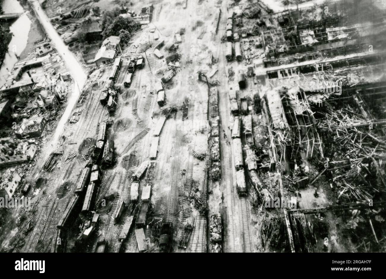 Vintage World War II photograph - official US military photo: Siegen, Germany, bomb damage to the railway marshalling yards inflicted by Allied bombers. Stock Photo