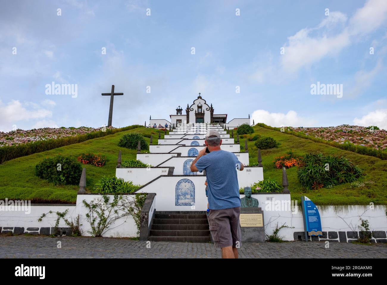 Vila Franca do Campo, Azores, 19.09.2019 - Tourist take picture of the  church of Nossa Senhora da Paz in Vila Franca do Campo in Sao Miguel island in Stock Photo