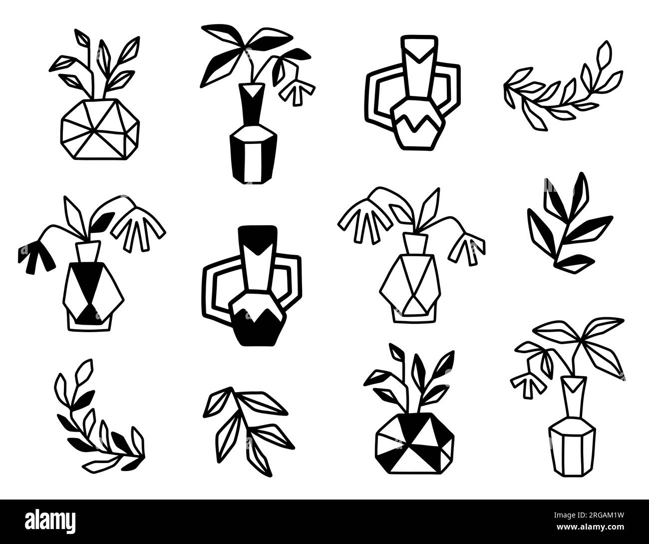 Abstract plants in ceramic vases, pots set Stock Vector