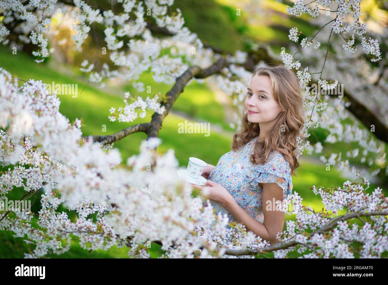 Beautiful young girl drinking tea in cherry garden on a spring day ...