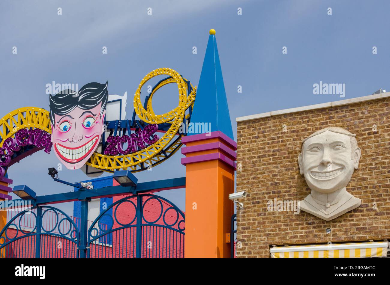 Scream Zone entrance at Coney Island featuring Funny Face. Stock Photo