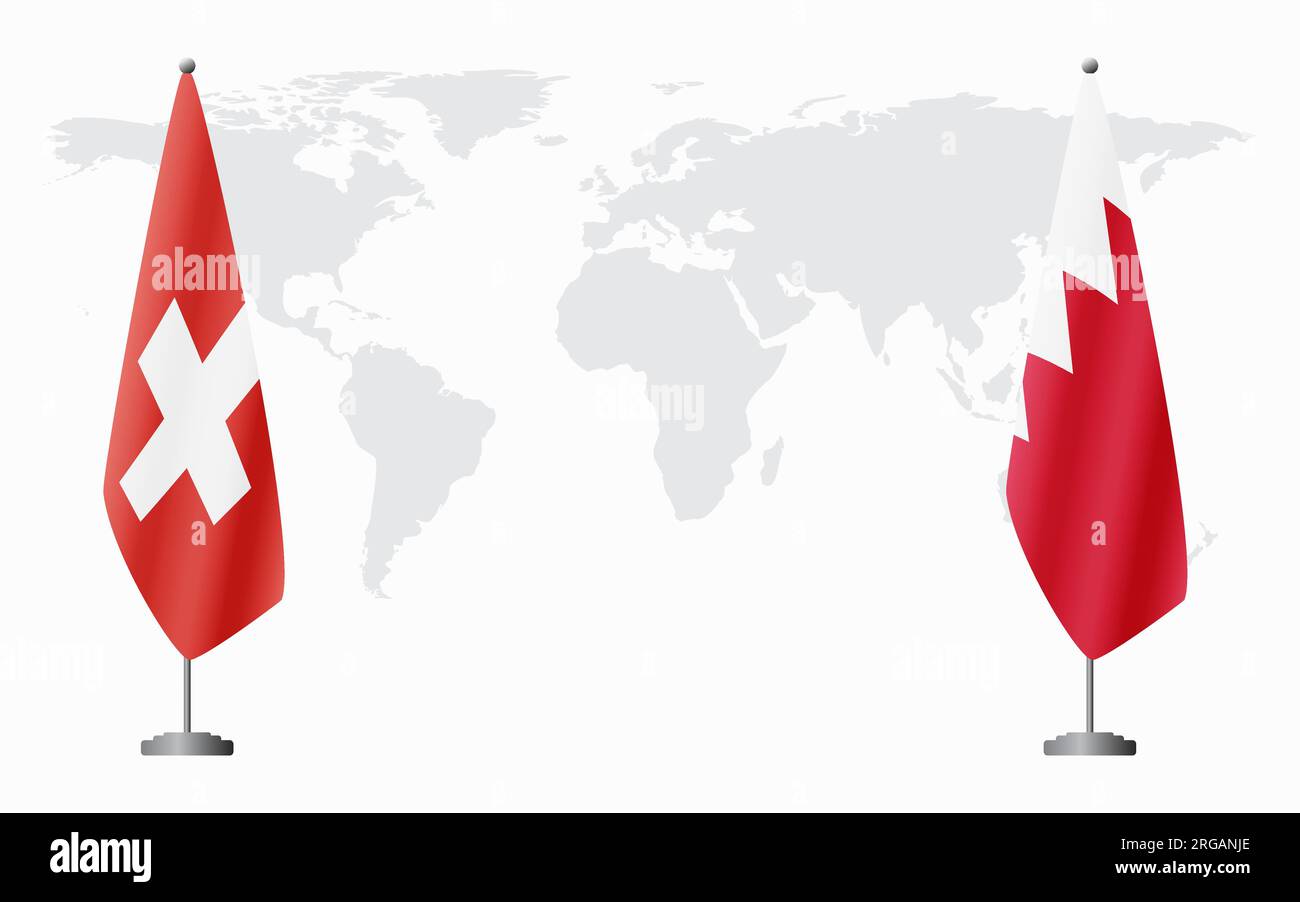 Switzerland and Bahrain flags for official meeting against background of world map. Stock Vector