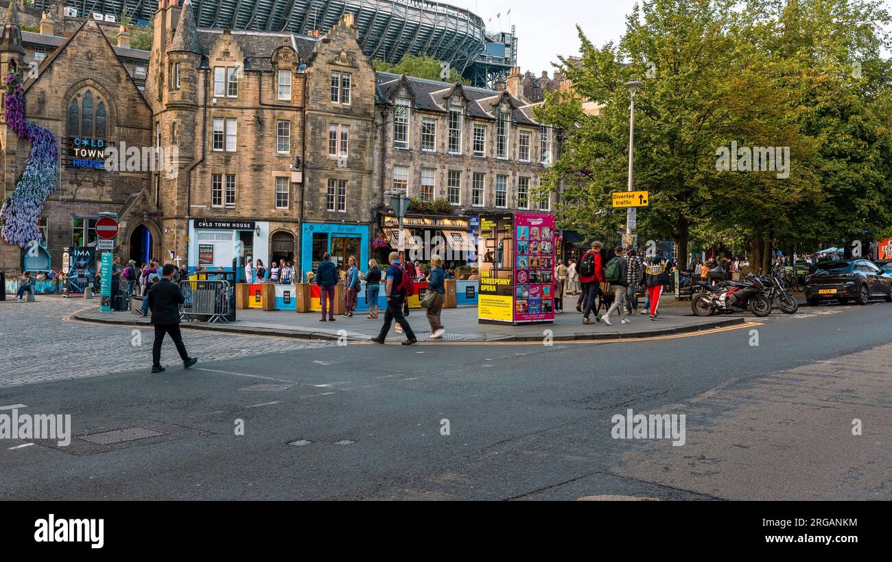 Crowds of people in the Grassmarket on a night out for entertainment