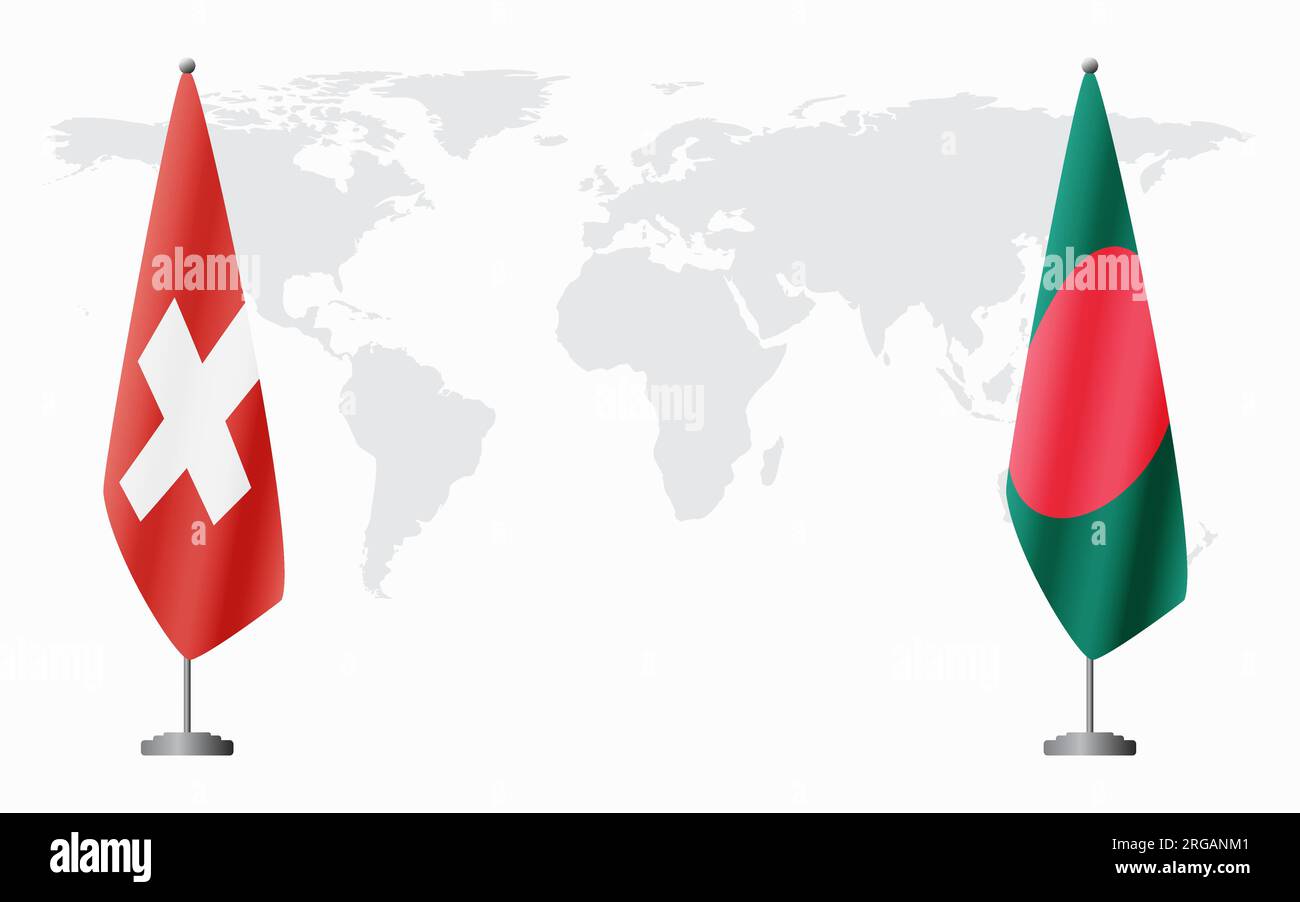 Switzerland and Bangladesh flags for official meeting against background of world map. Stock Vector