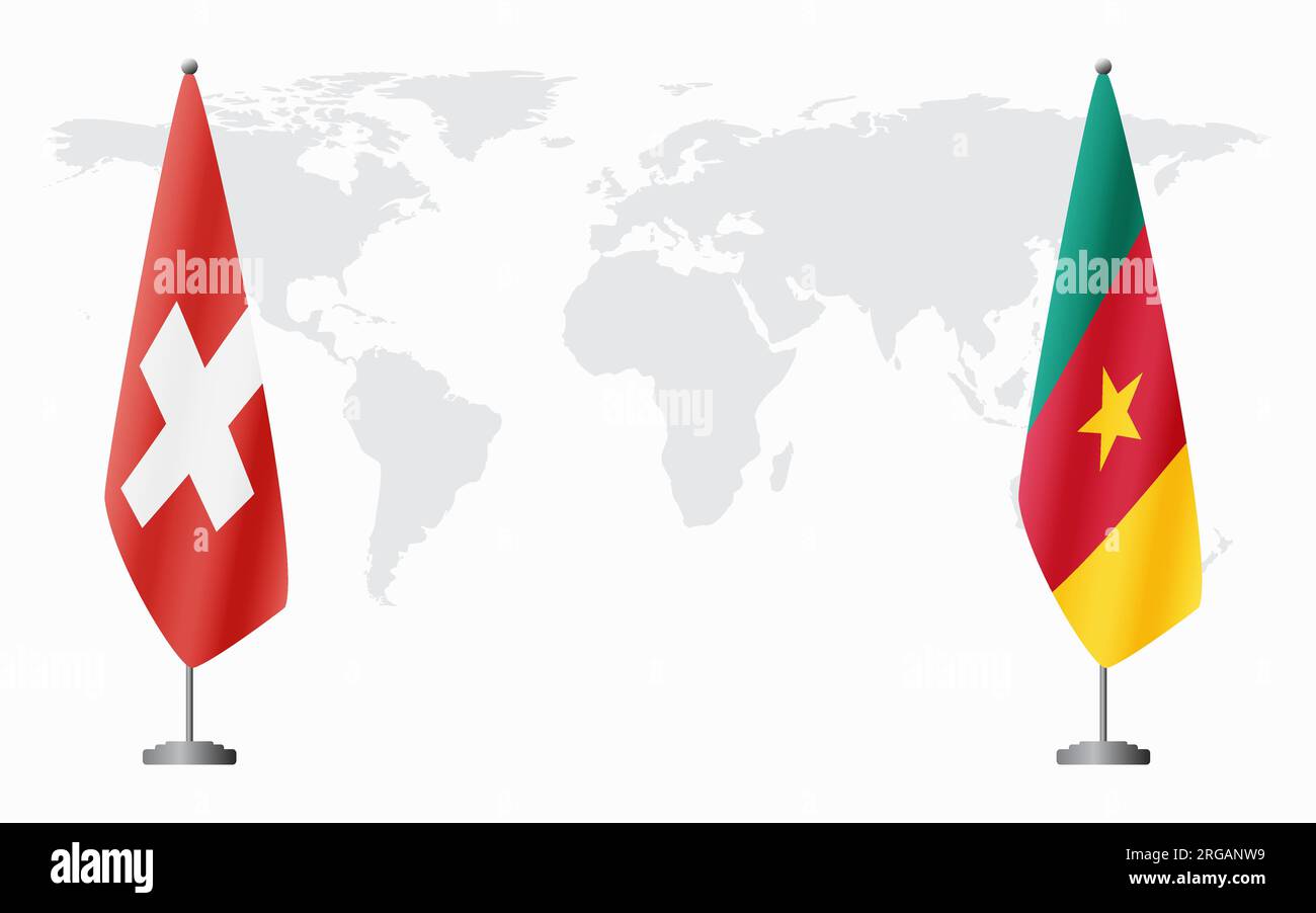 Switzerland and Cameroon flags for official meeting against background of world map. Stock Vector