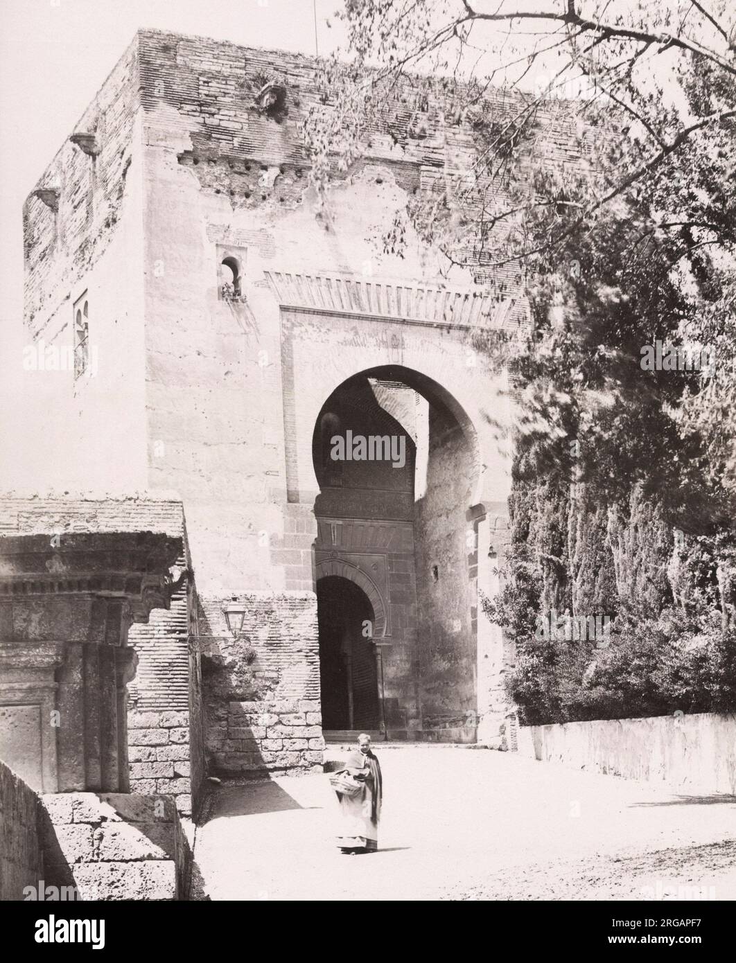 Vintage 19th century photograph: The Gate of Justice Puerta de la Justicia, Alhambra Palace, Granada, Spain. Stock Photo