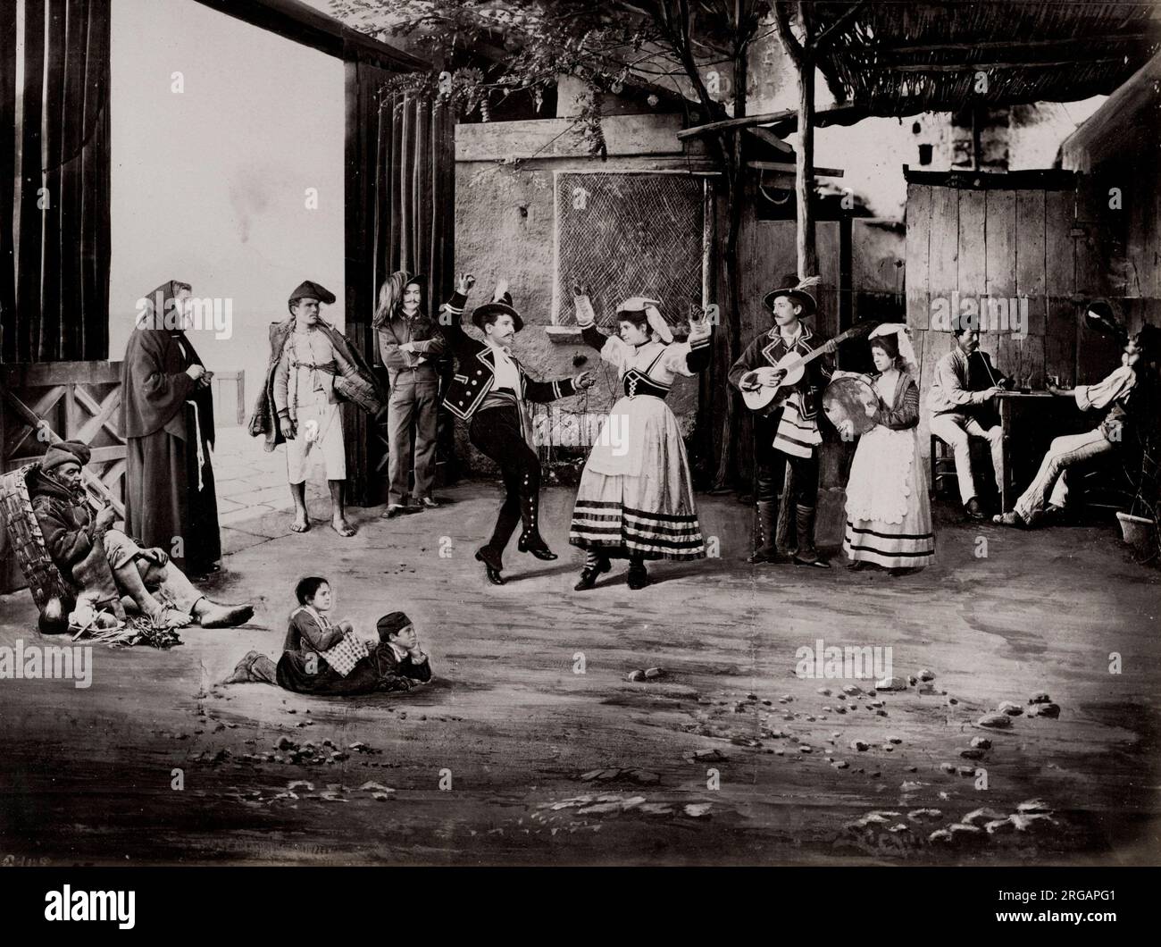 Vintage 19th century photograph: the Tarantalla, Italin folk dance, photo-composite by the Giorgio Sommer studio. Stock Photo