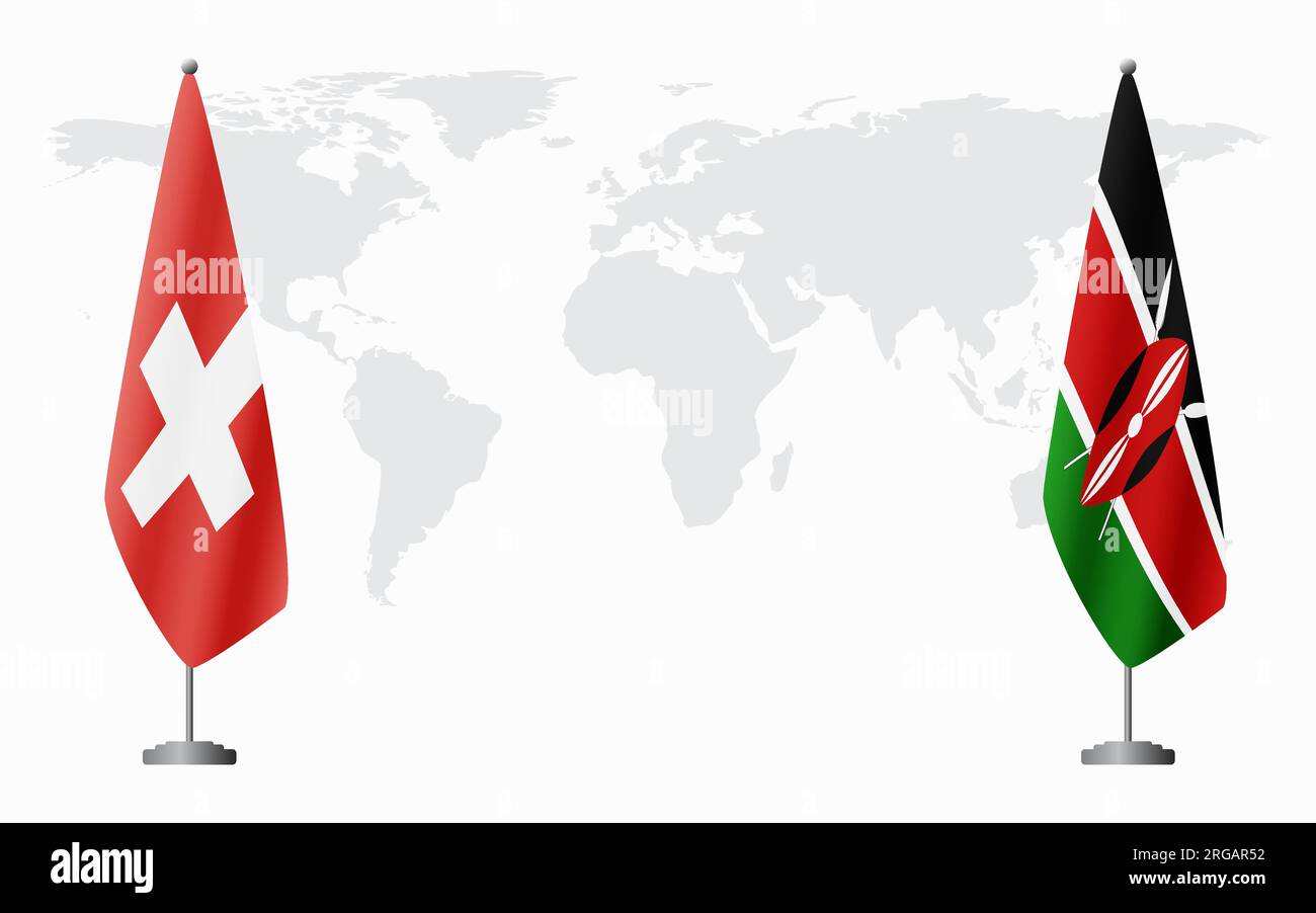 Switzerland and Kenya flags for official meeting against background of world map. Stock Vector