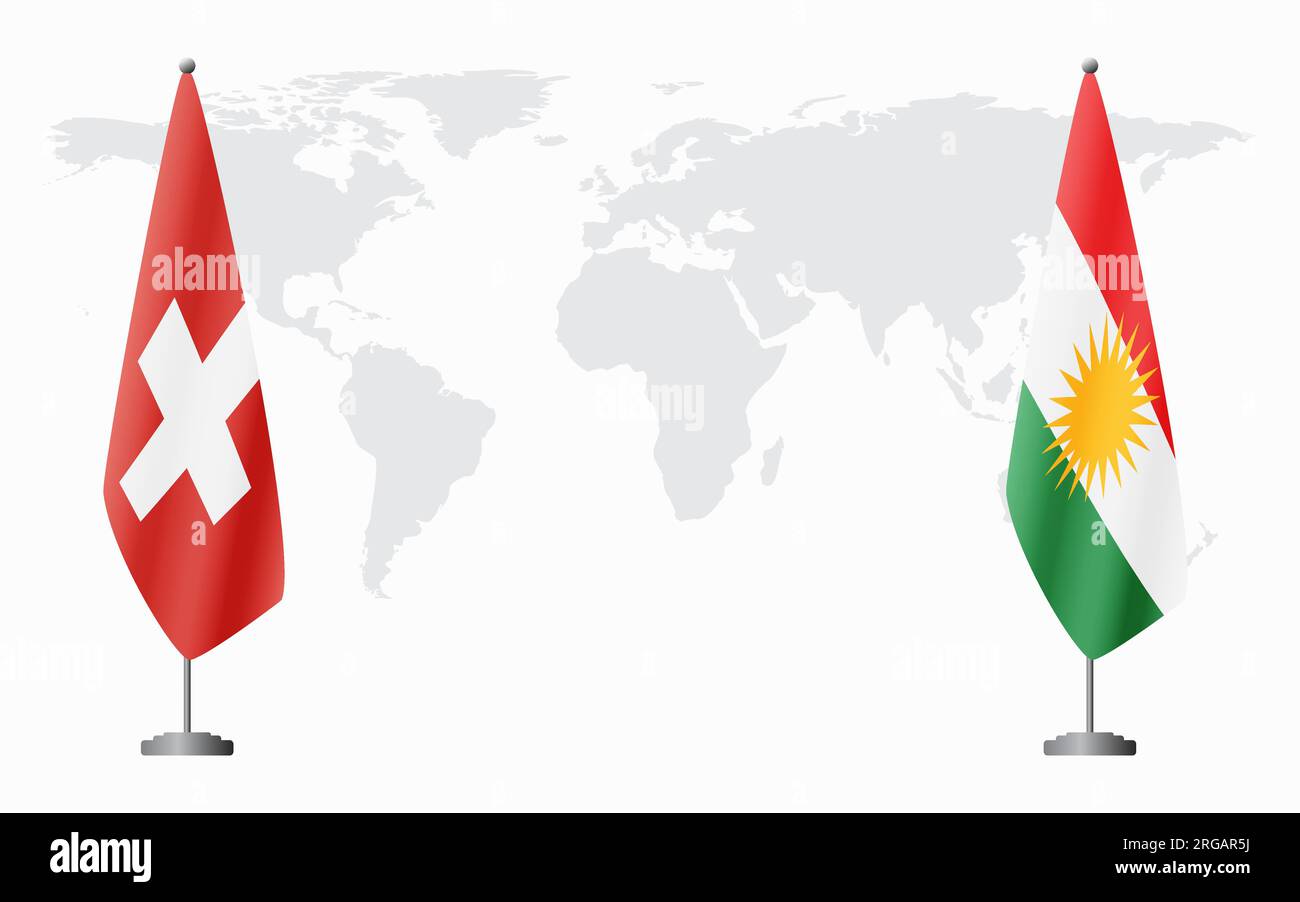 Switzerland and Kurdistan flags for official meeting against background of world map. Stock Vector